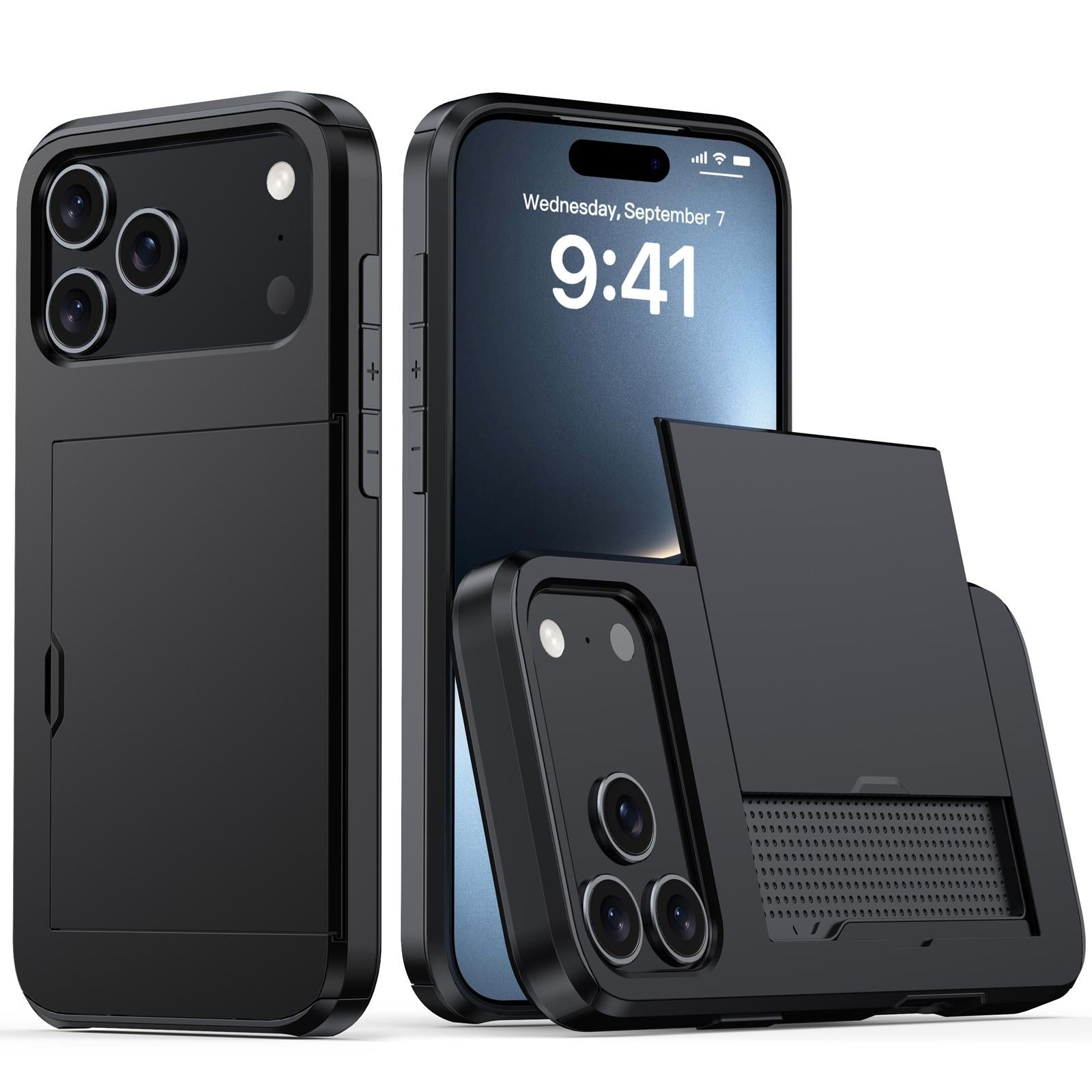Compatible with iPhone 18 Pro Shockproof Armor Phone Case with Card Slot - Black