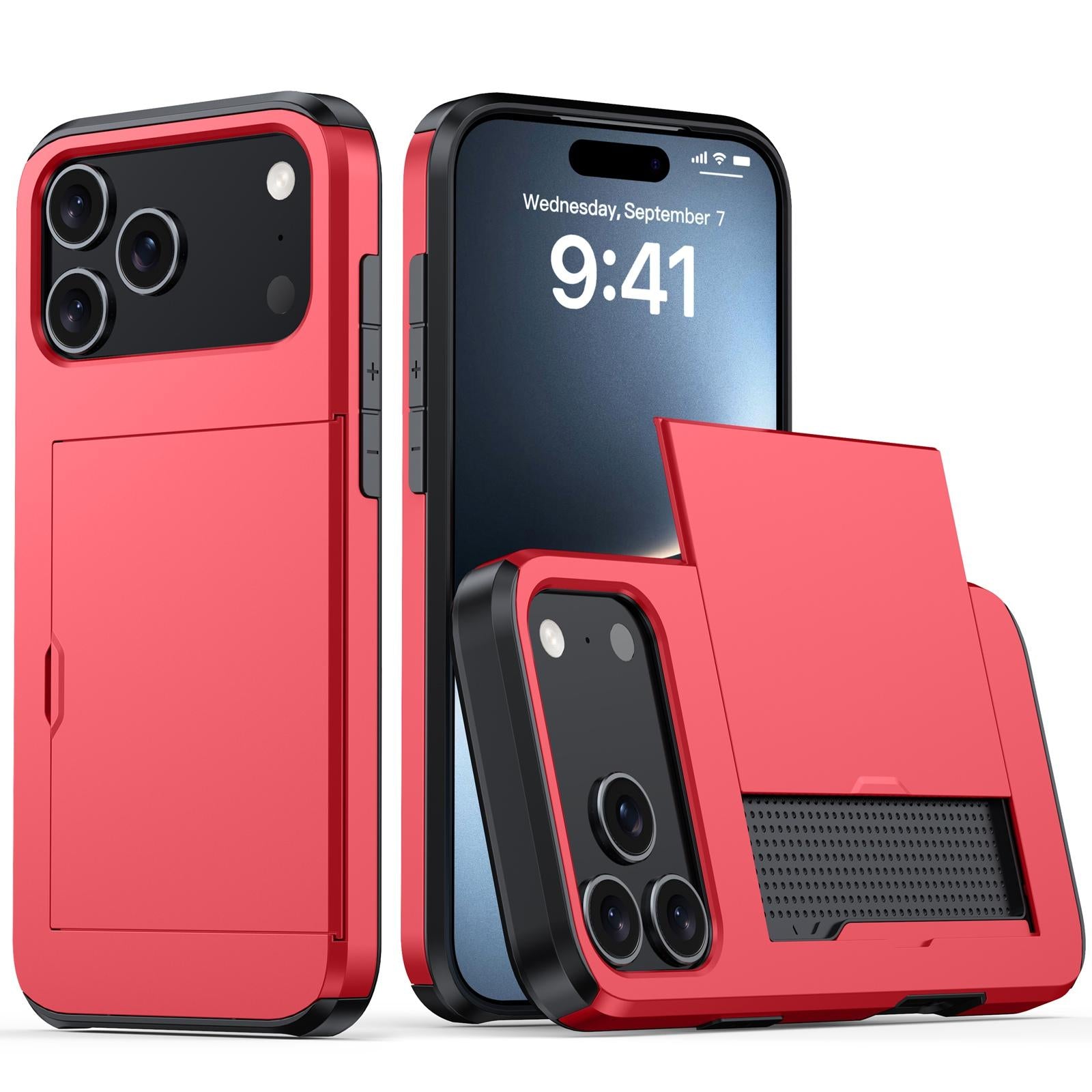 Compatible with iPhone 18 Pro Shockproof Armor Phone Case with Card Slot - Red