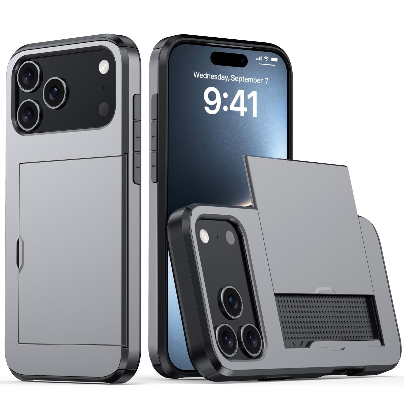 Compatible with iPhone 18 Pro Shockproof Armor Phone Case with Card Slot - Grey