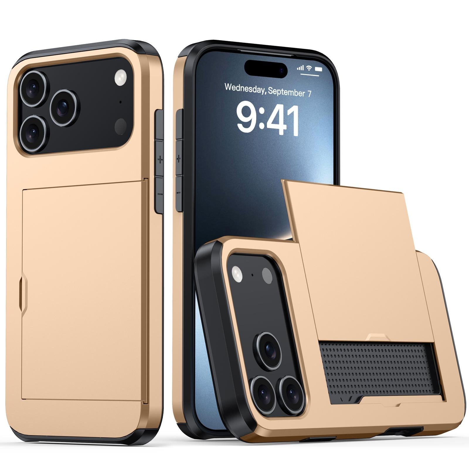 Compatible with iPhone 18 Pro Shockproof Armor Phone Case with Card Slot - Gold