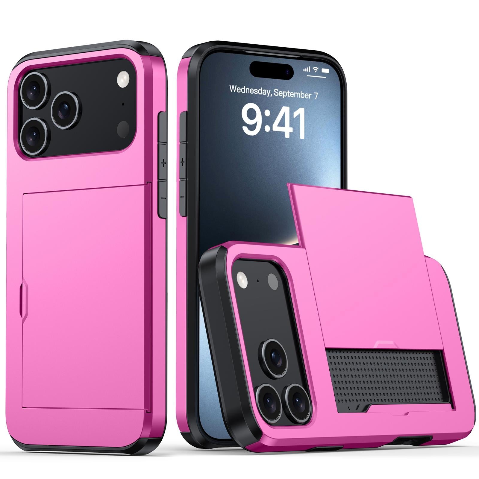 Compatible with iPhone 18 Pro Shockproof Armor Phone Case with Card Slot - Rose Red