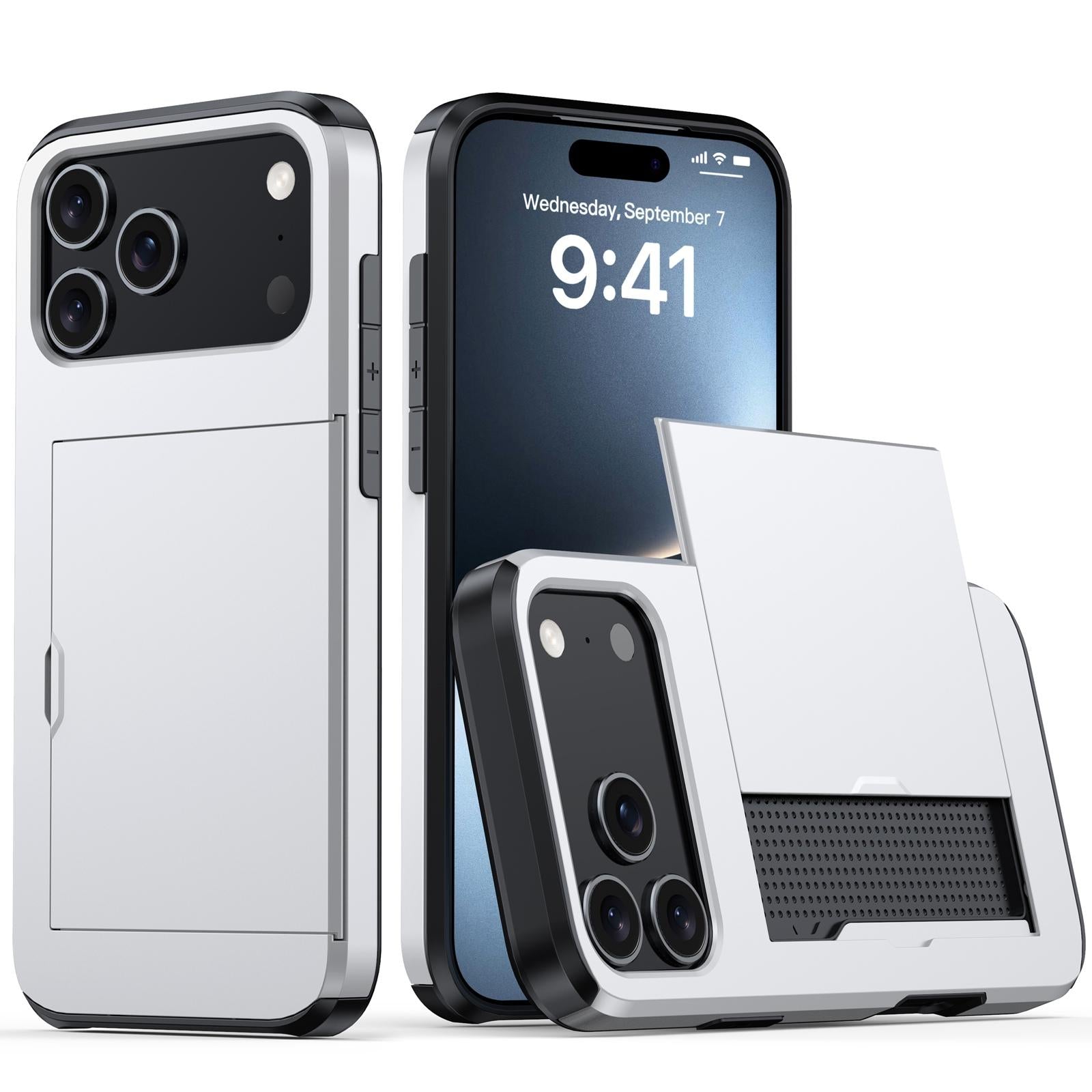 Compatible with iPhone 18 Pro Shockproof Armor Phone Case with Card Slot - Silver