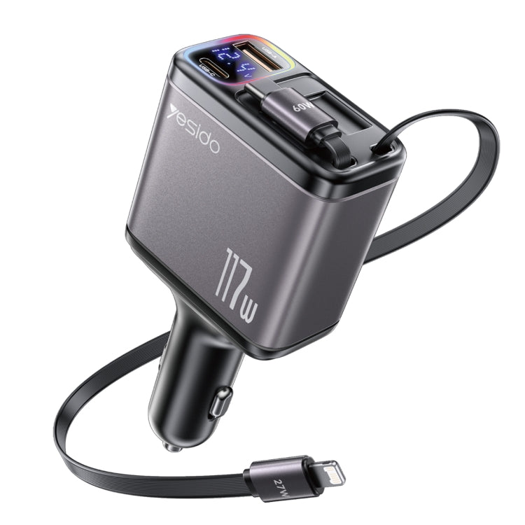 Yesido Y63 4 in 1 117W USB-C / Type-C+USB Multifunctional Retractable Dual Line Digital Display Car Fast Charger(Black)