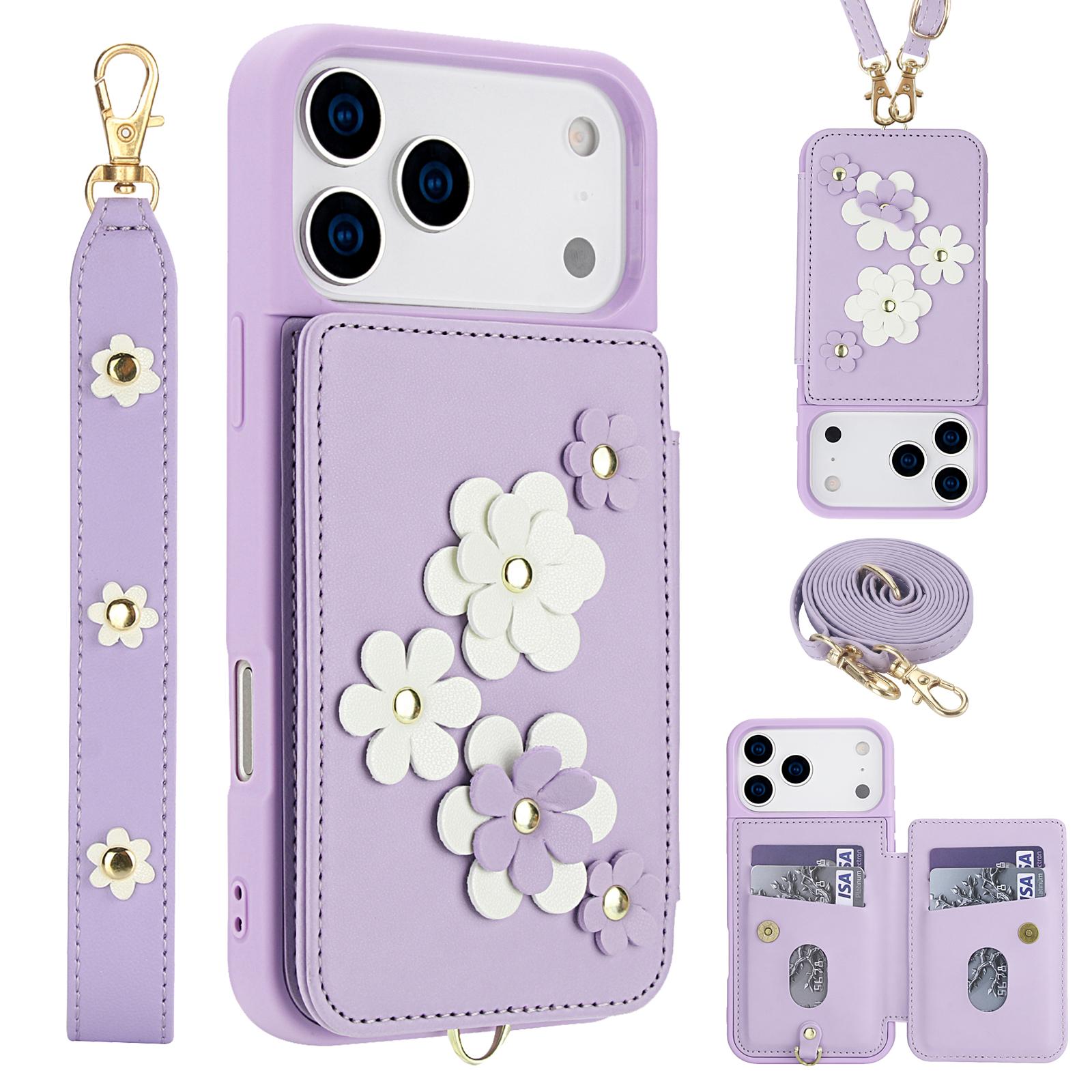 Compatible with iPhone 18 Pro & 17 Pro Crossbody Flower Pattern Leather Phone Case - Purple