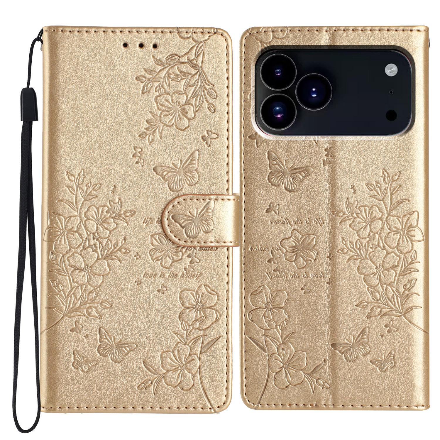 Compatible with iPhone 18 Pro Butterflies and Flowers Leather Phone Case - Gold