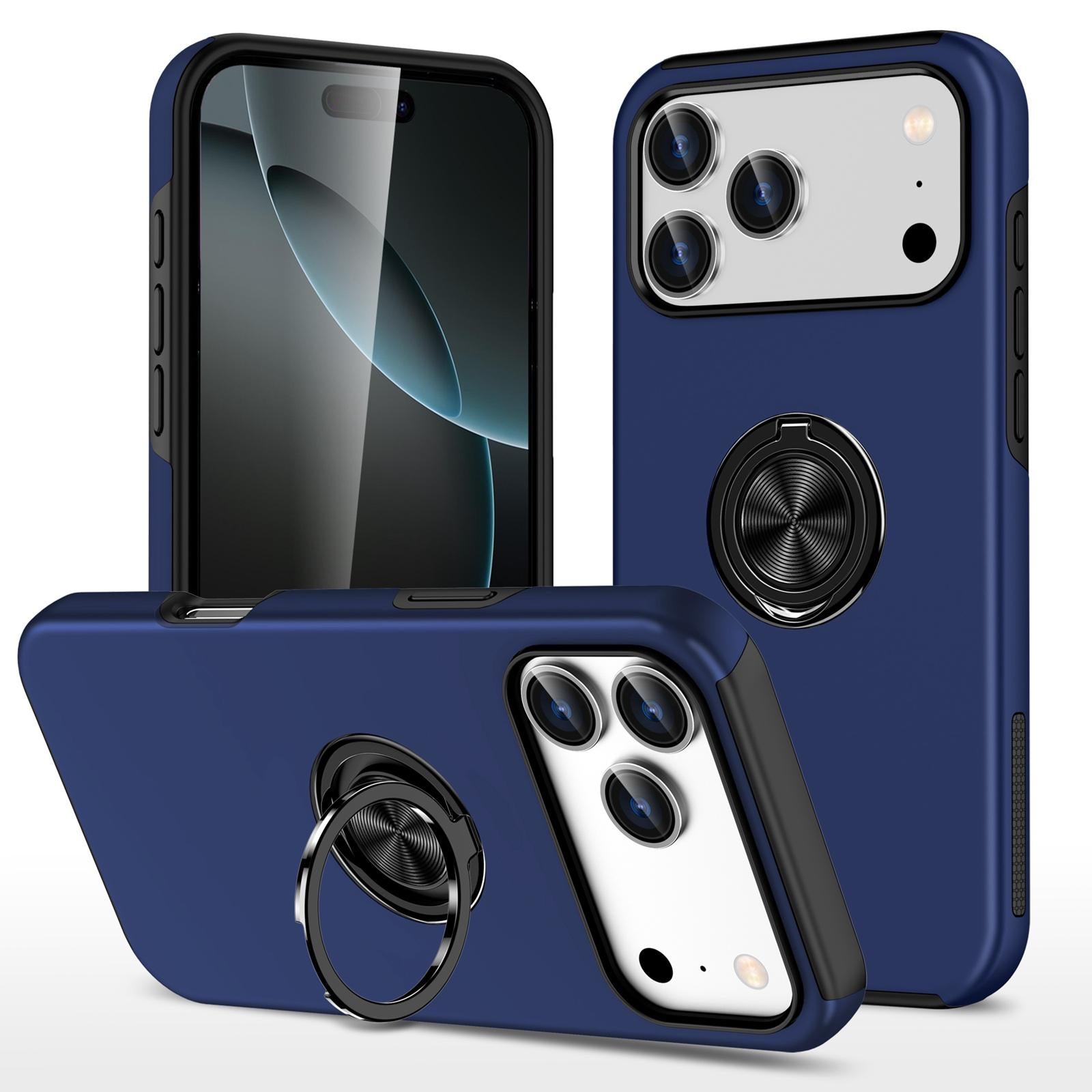 Compatible with iPhone 18 Pro PC + TPU Magnetic Phone Case with Invisible Ring Holder - Navy Blue