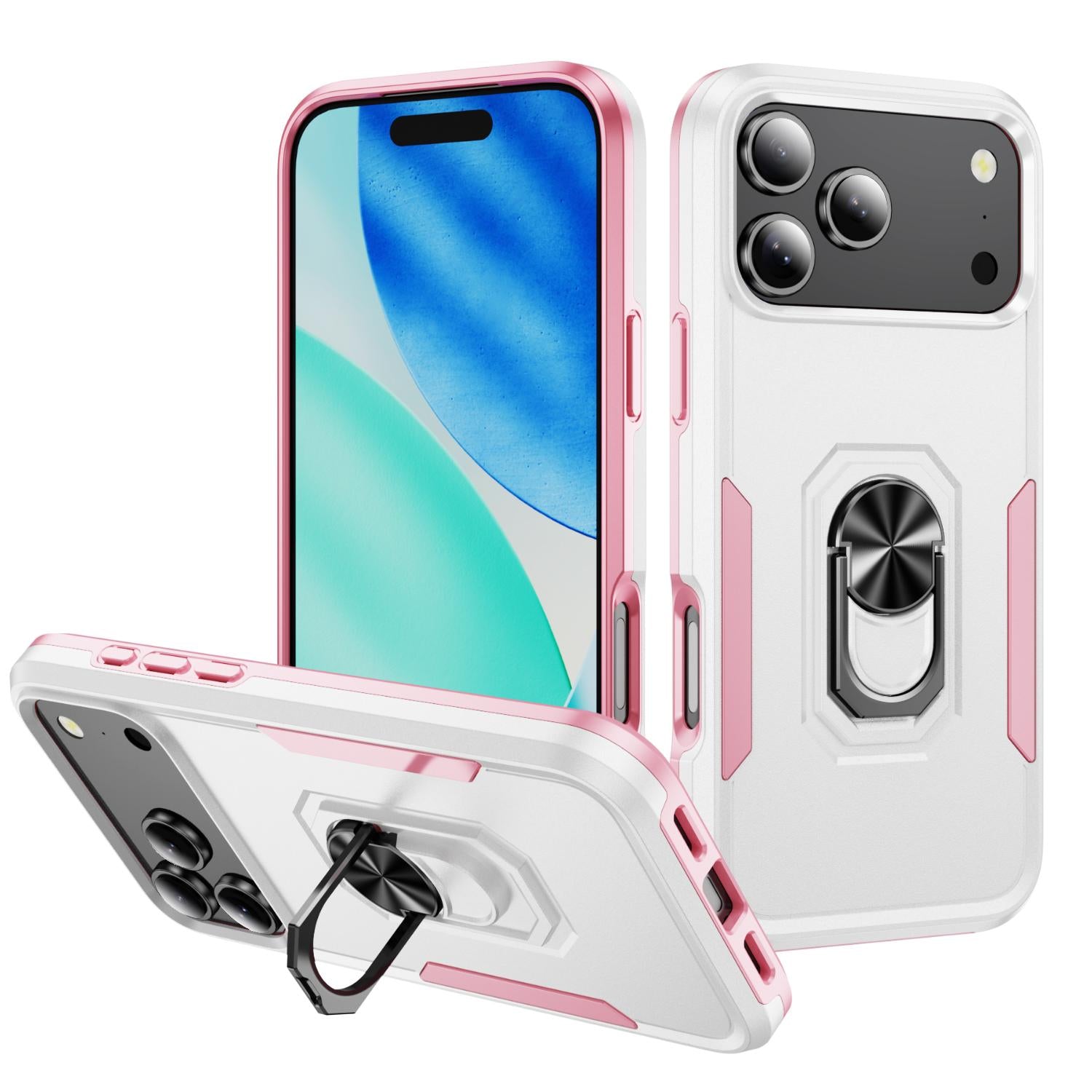 Compatible with iPhone 18 Pro Pioneer Armor Heavy Duty PC + TPU Phone Case with Holder - White+Pink