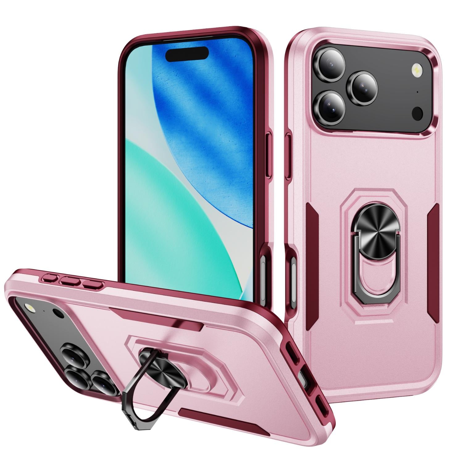 Compatible with iPhone 18 Pro Pioneer Armor Heavy Duty PC + TPU Phone Case with Holder - Pink+Rose Red