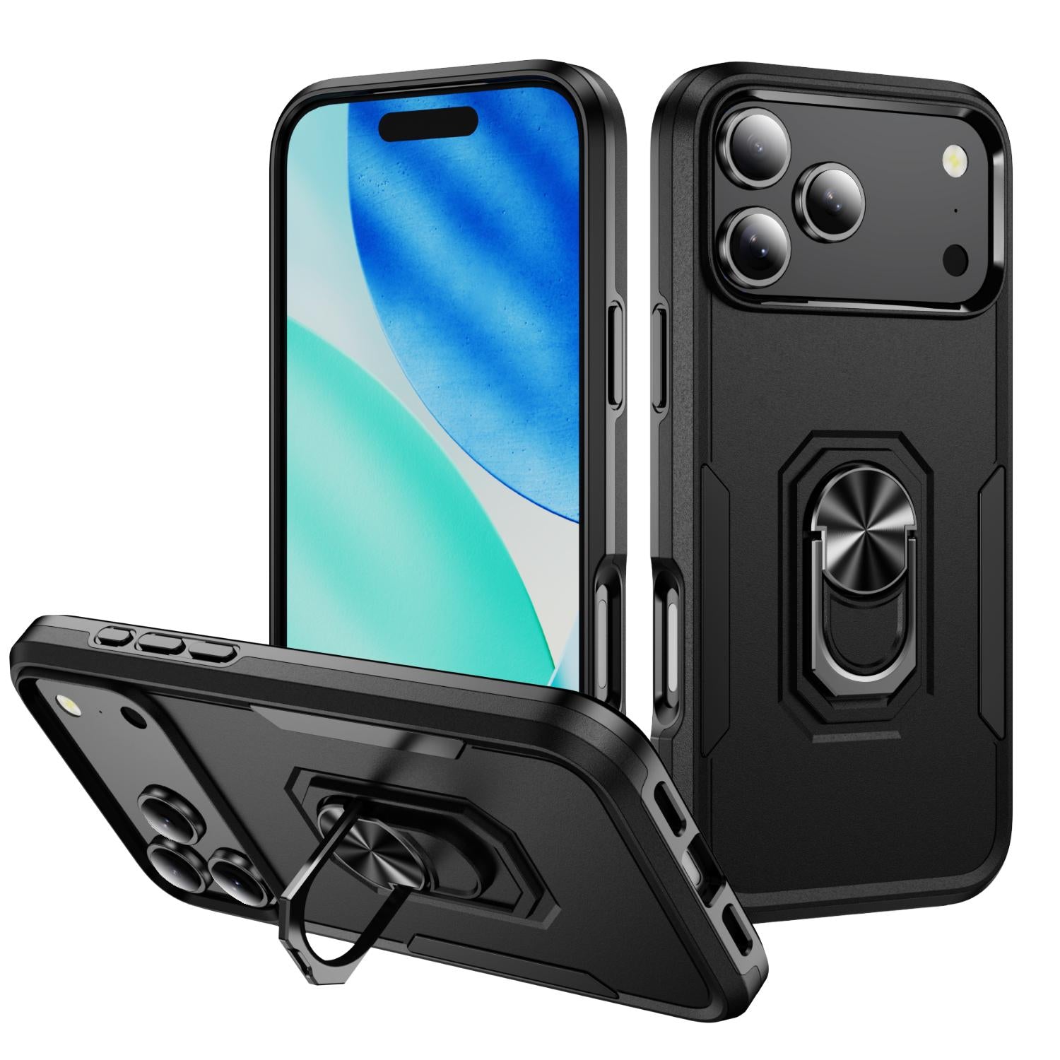 Compatible with iPhone 18 Pro Pioneer Armor Heavy Duty PC + TPU Phone Case with Holder - Black