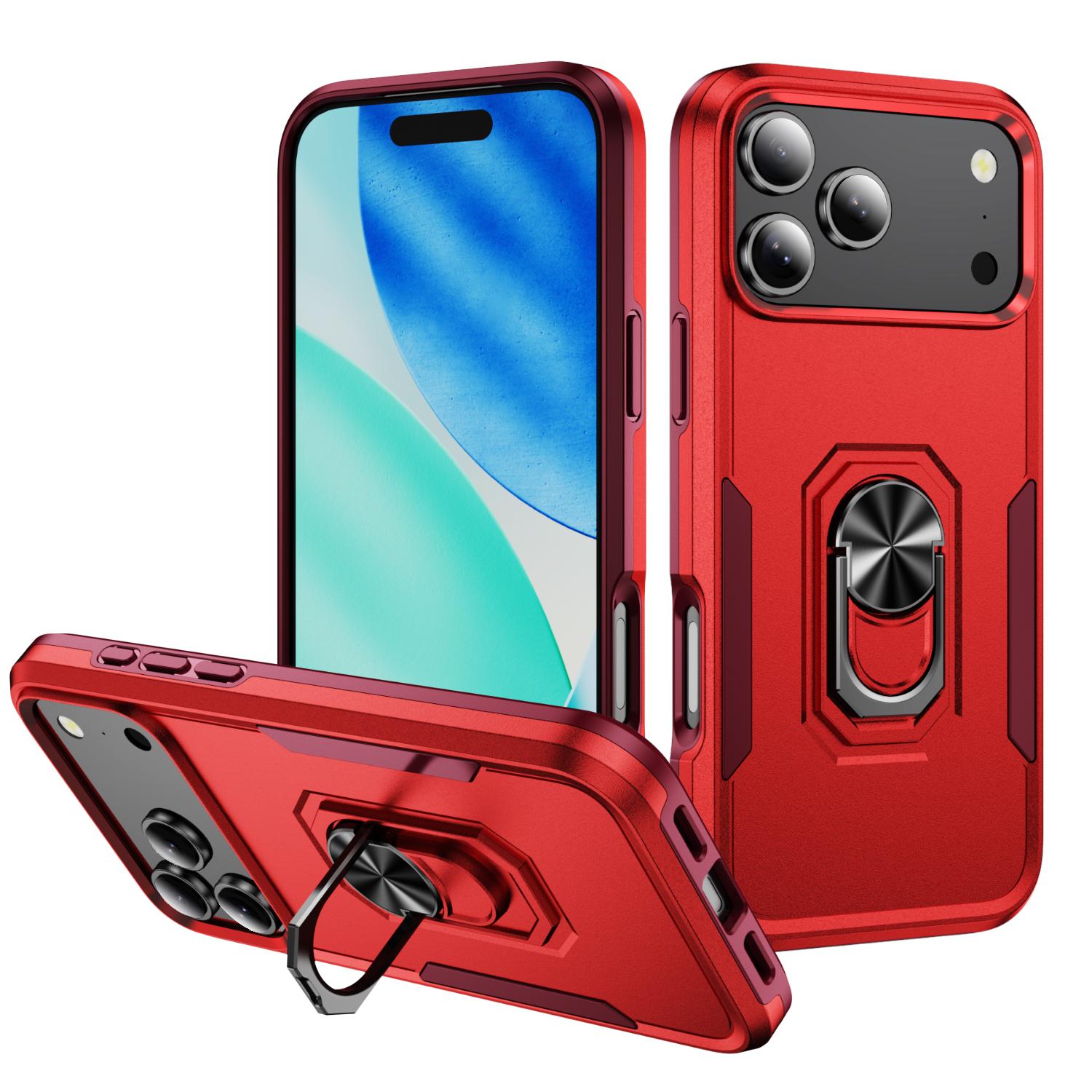 Compatible with iPhone 18 Pro Pioneer Armor Heavy Duty PC + TPU Phone Case with Holder - Red+Rose Red