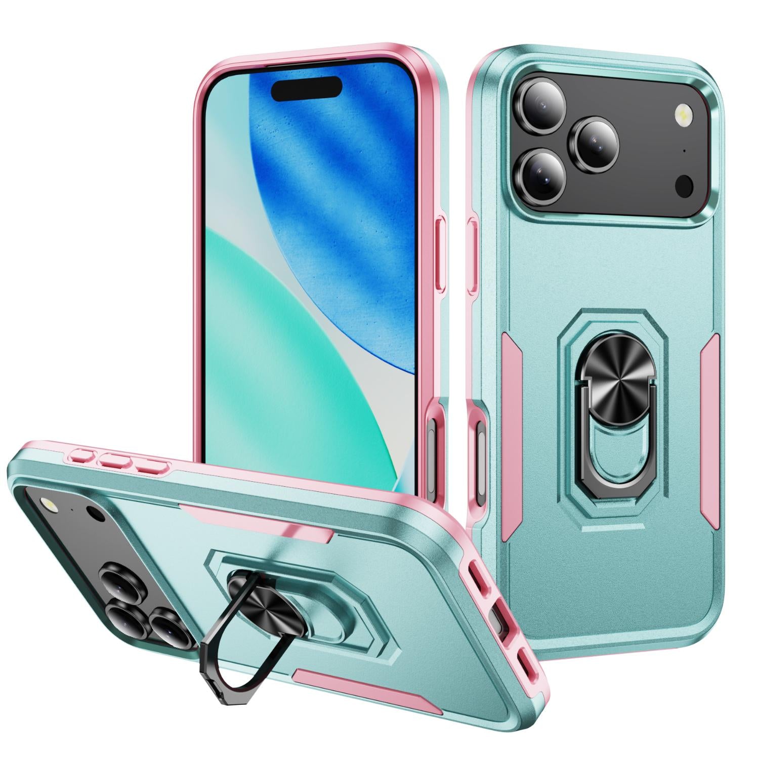 Compatible with iPhone 18 Pro Pioneer Armor Heavy Duty PC + TPU Phone Case with Holder - Green+Pink