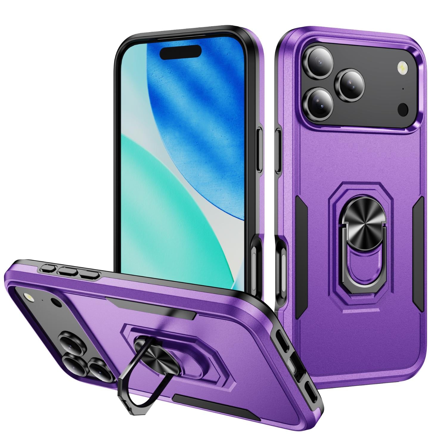 Compatible with iPhone 18 Pro Pioneer Armor Heavy Duty PC + TPU Phone Case with Holder - Purple+Black