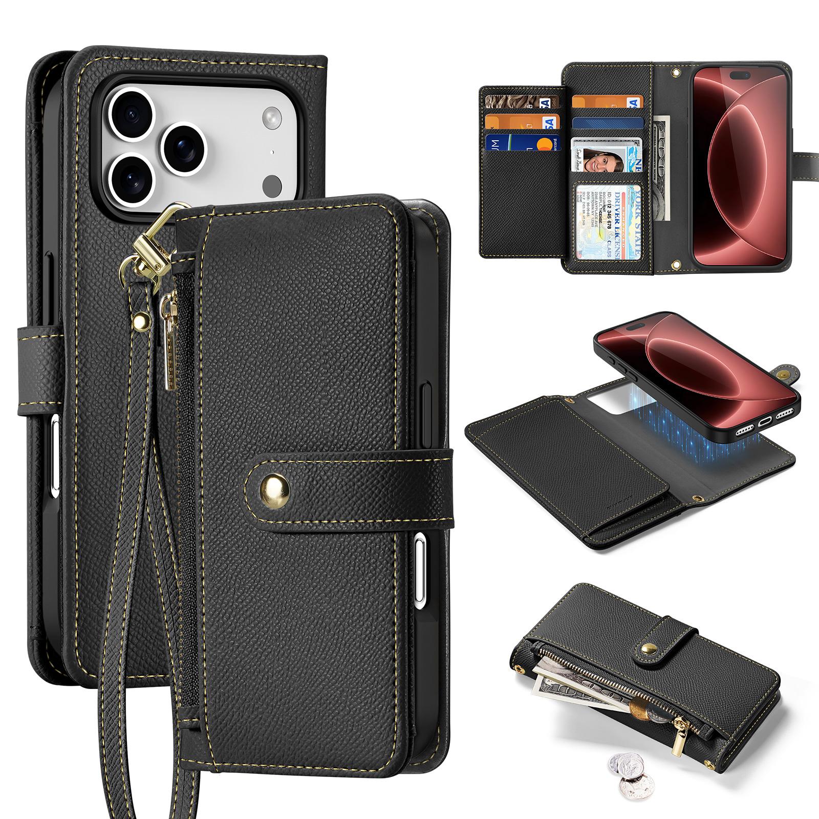 Compatible with iPhone 18 Pro DUX DUCIS Lawa Series 2 in 1 Wallet Zipper Detachable MagSafe Phone Case with Lanyard - Black