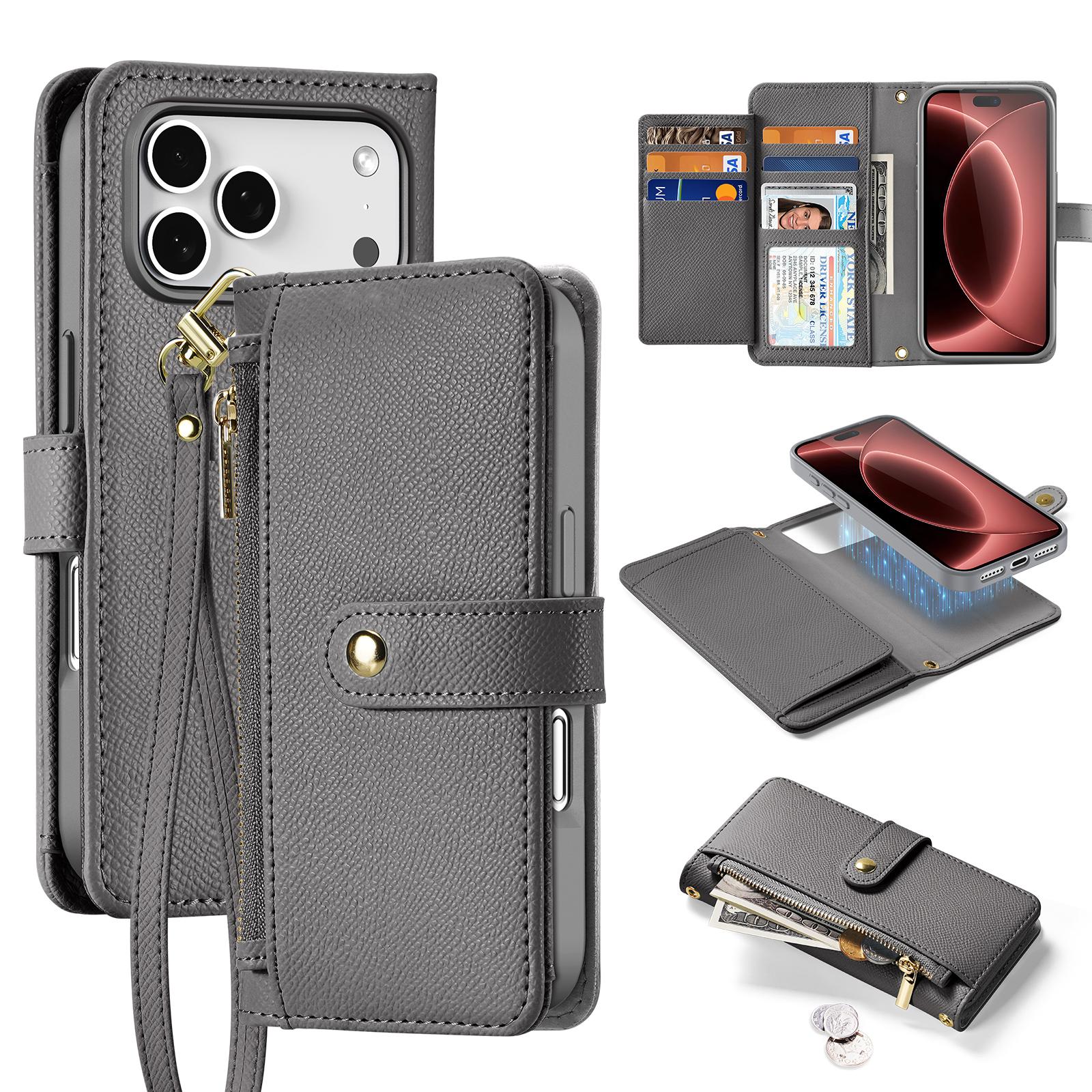 Compatible with iPhone 18 Pro DUX DUCIS Lawa Series 2 in 1 Wallet Zipper Detachable MagSafe Phone Case with Lanyard - Grey