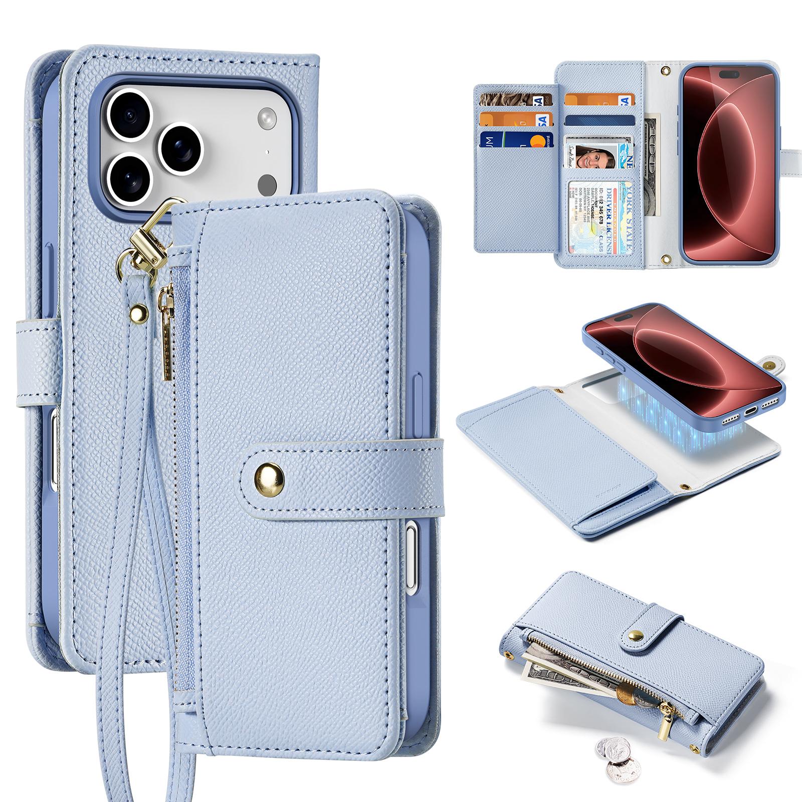 Compatible with iPhone 18 Pro DUX DUCIS Lawa Series 2 in 1 Wallet Zipper Detachable MagSafe Phone Case with Lanyard - Light Blue