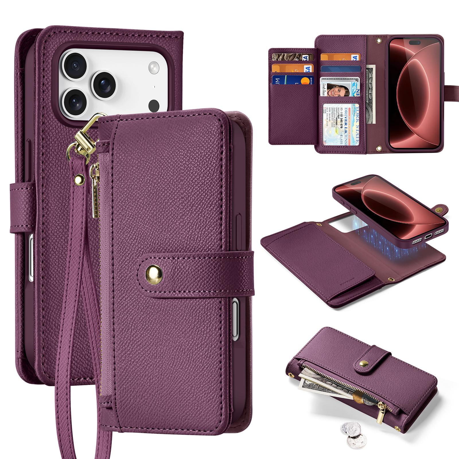 Compatible with iPhone 18 Pro DUX DUCIS Lawa Series 2 in 1 Wallet Zipper Detachable MagSafe Phone Case with Lanyard - Cherry Red