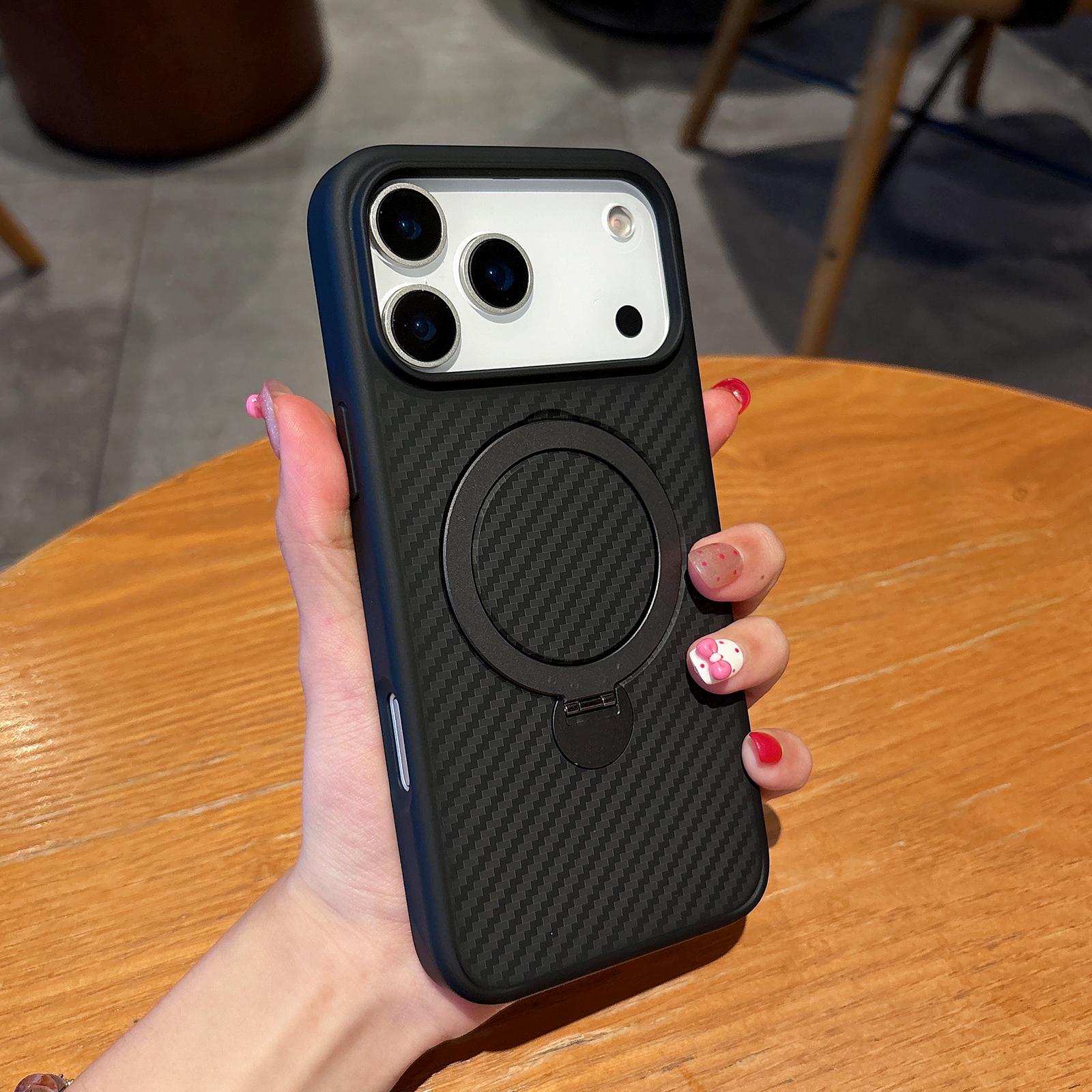Compatible with iPhone 18 Pro & 17 Pro Carbon Fiber MagSafe 360 Degree Rotating Holder Phone Case - Black