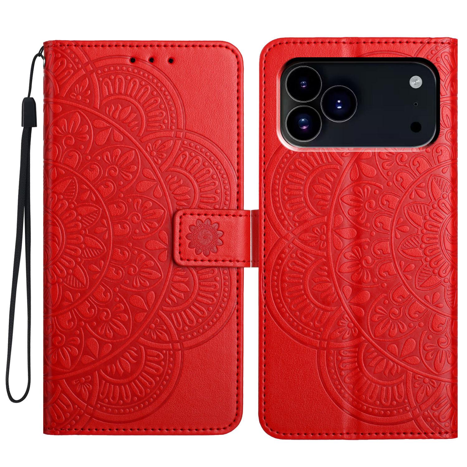 Compatible with iPhone 18 Pro Flower Embossed Leather Phone Case - Red