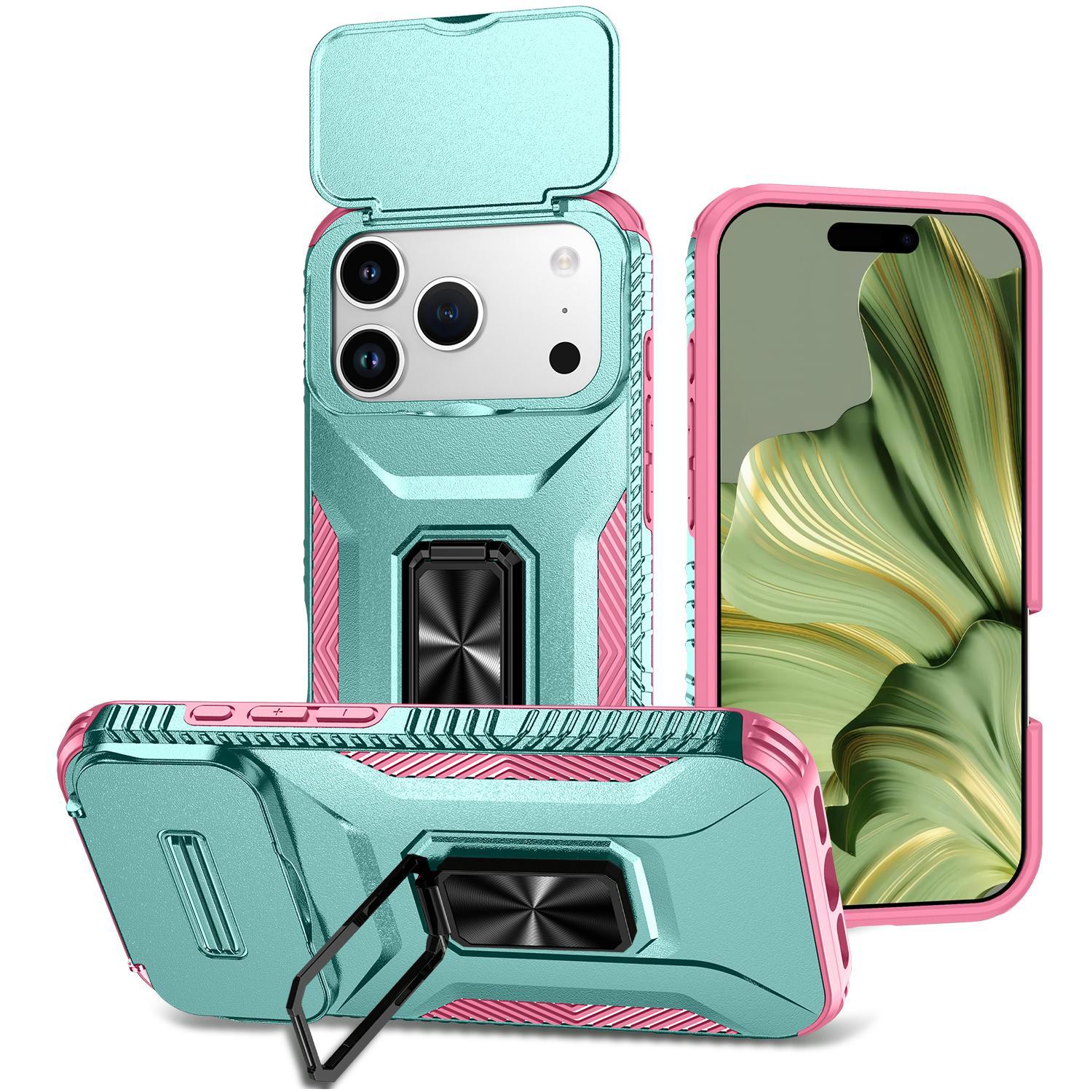 Compatible with iPhone 18 Pro Sliding Camshield Holder Phone Case - Pink + Grey Green