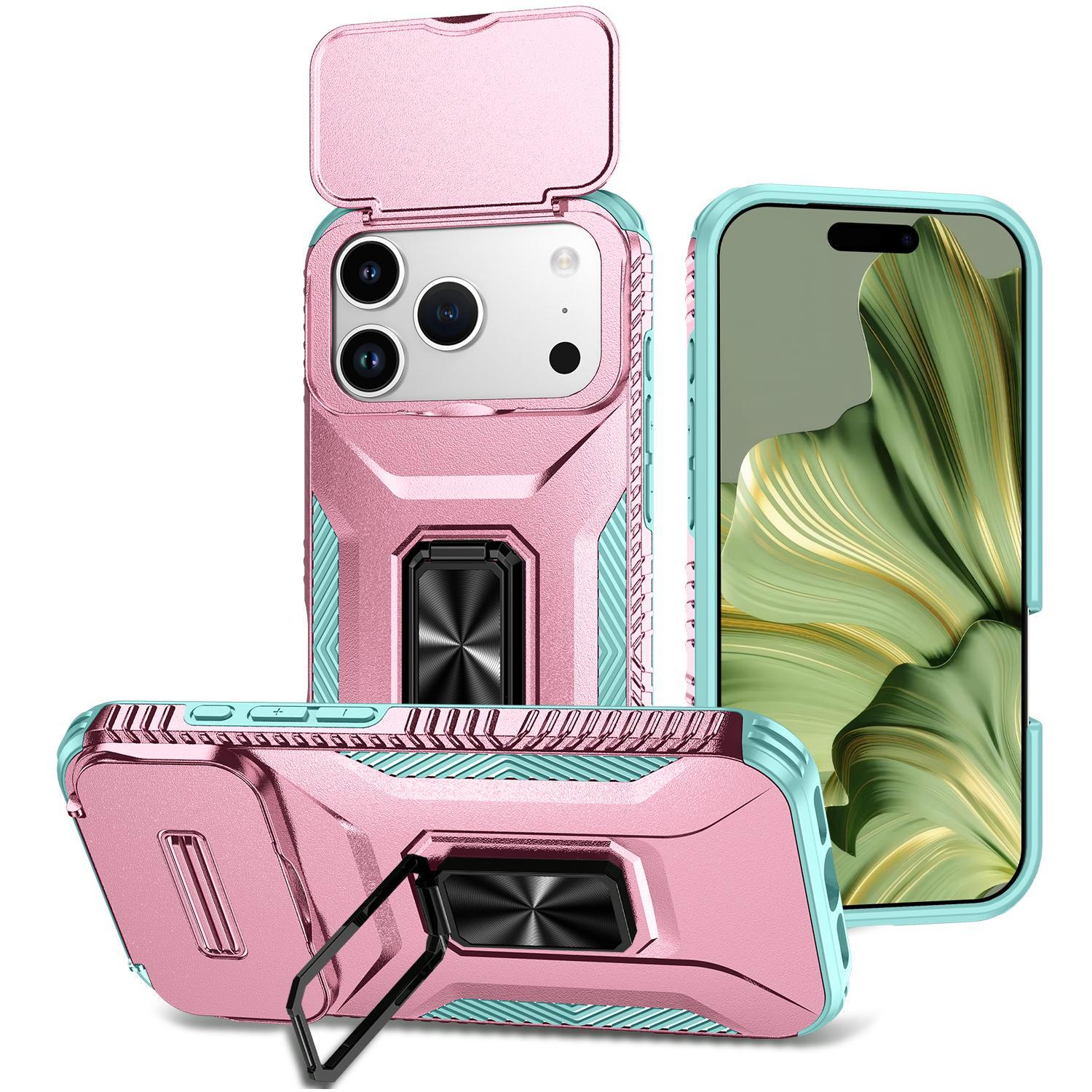 Compatible with iPhone 18 Pro Sliding Camshield Holder Phone Case - Grey Green + Pink