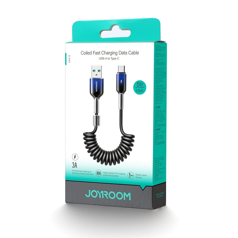 JOYROOM S-A43 3A USB to USB-C / Type-C Coiled Fast Charging Data Cable, Length:1.5m(Black)