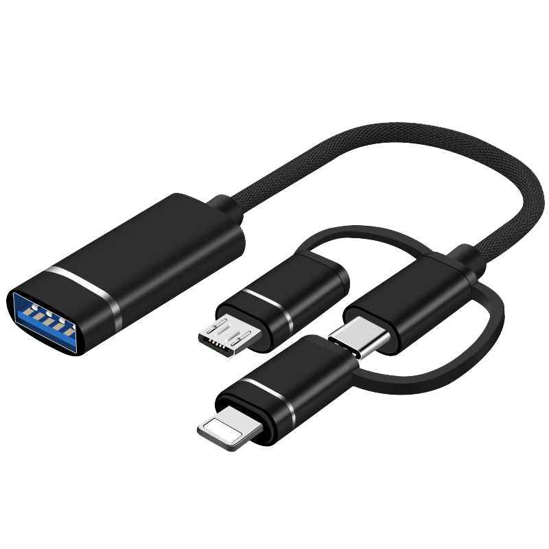 Uniqbuy For 3 in 1 USB Female to Micro USB, Type-C, 8 Pin Male OTG Adapter(Black)
