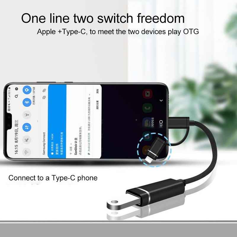 Uniqbuy For 3 in 1 USB Female to Micro USB, Type-C, 8 Pin Male OTG Adapter(Black)