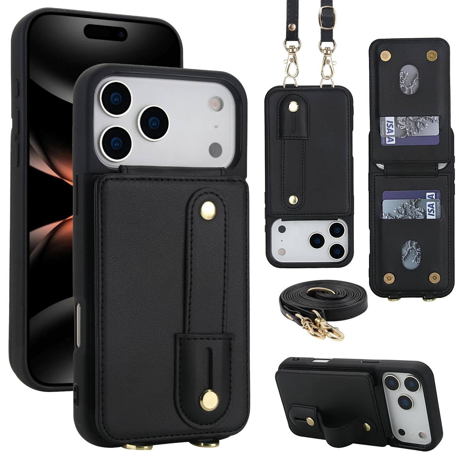 Compatible with iPhone 18 Pro & 17 Pro Wristband Vertical Flip Wallet Back Cover Phone Case with Long Lanyard - Black