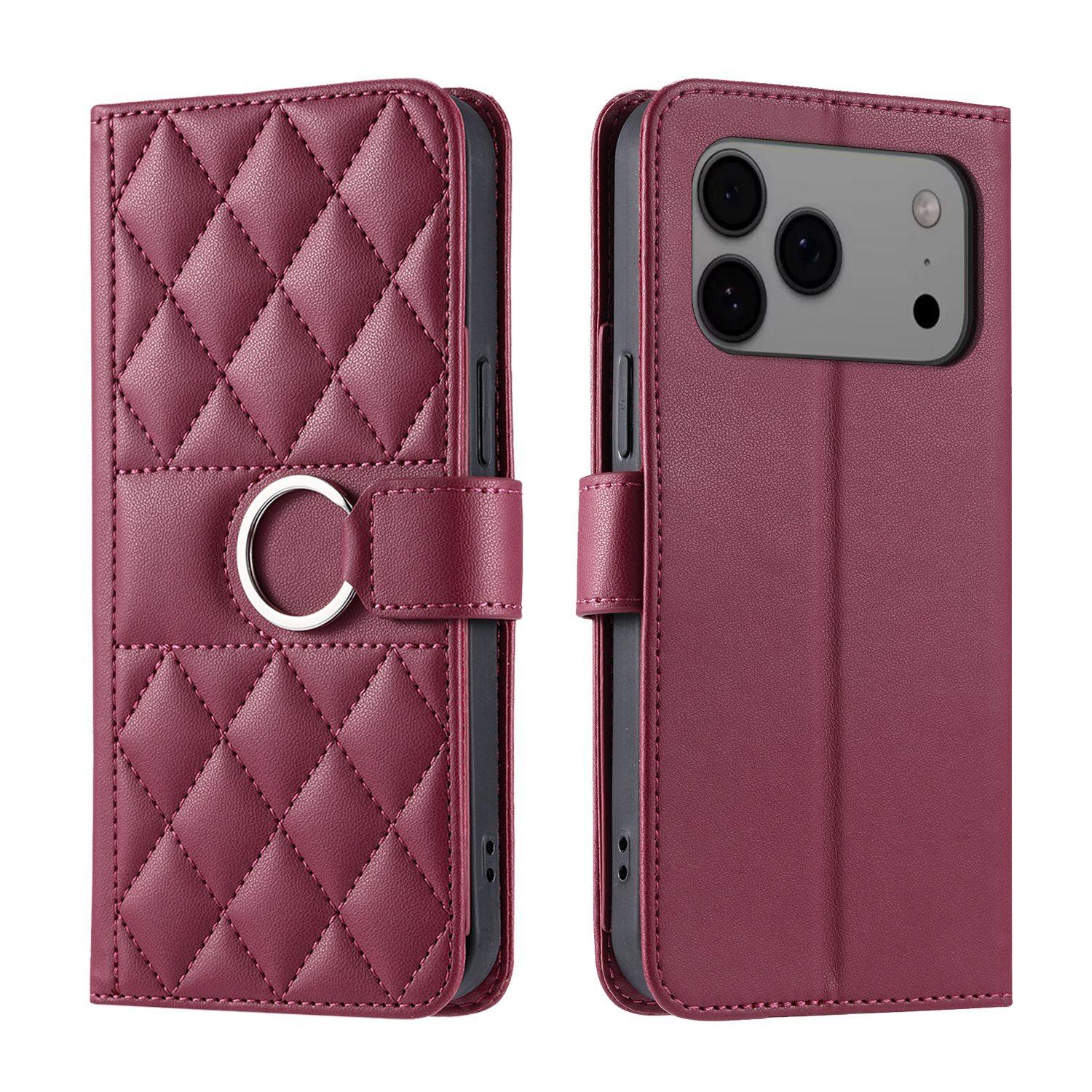Compatible with iPhone 18 Pro Ring Buckle Rhombic Leather Phone Case - Red