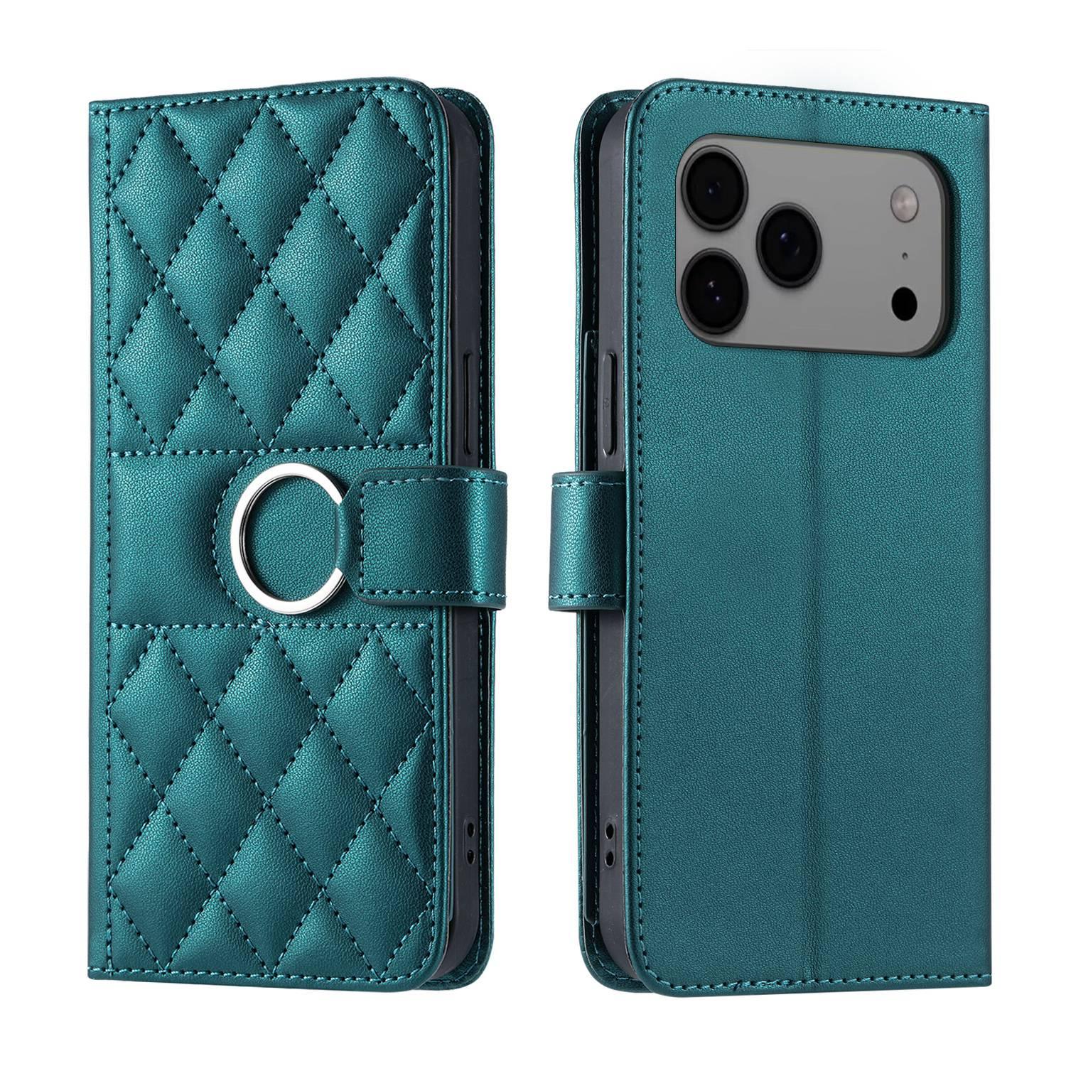 Compatible with iPhone 18 Pro Ring Buckle Rhombic Leather Phone Case - Green