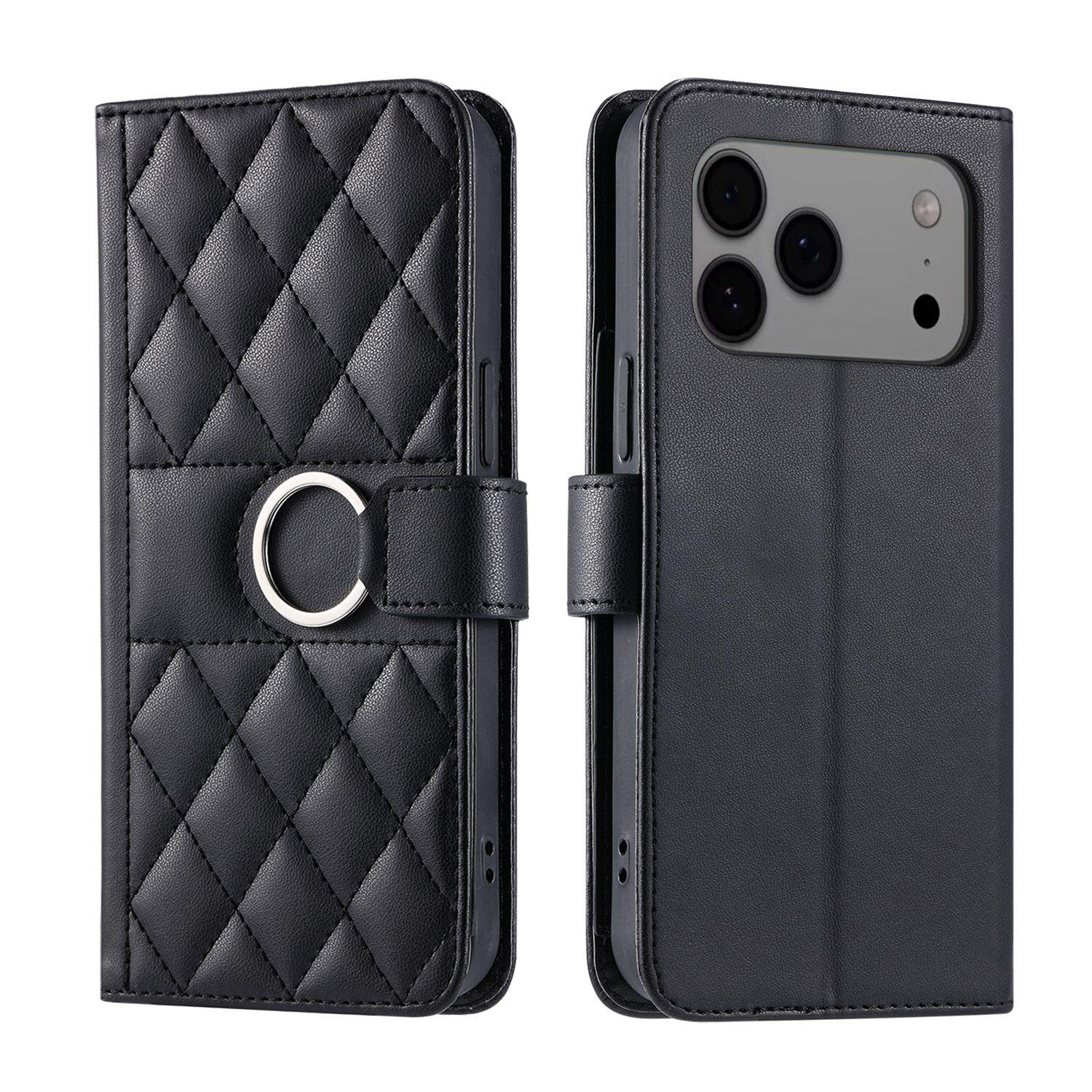 Compatible with iPhone 18 Pro Ring Buckle Rhombic Leather Phone Case - Black