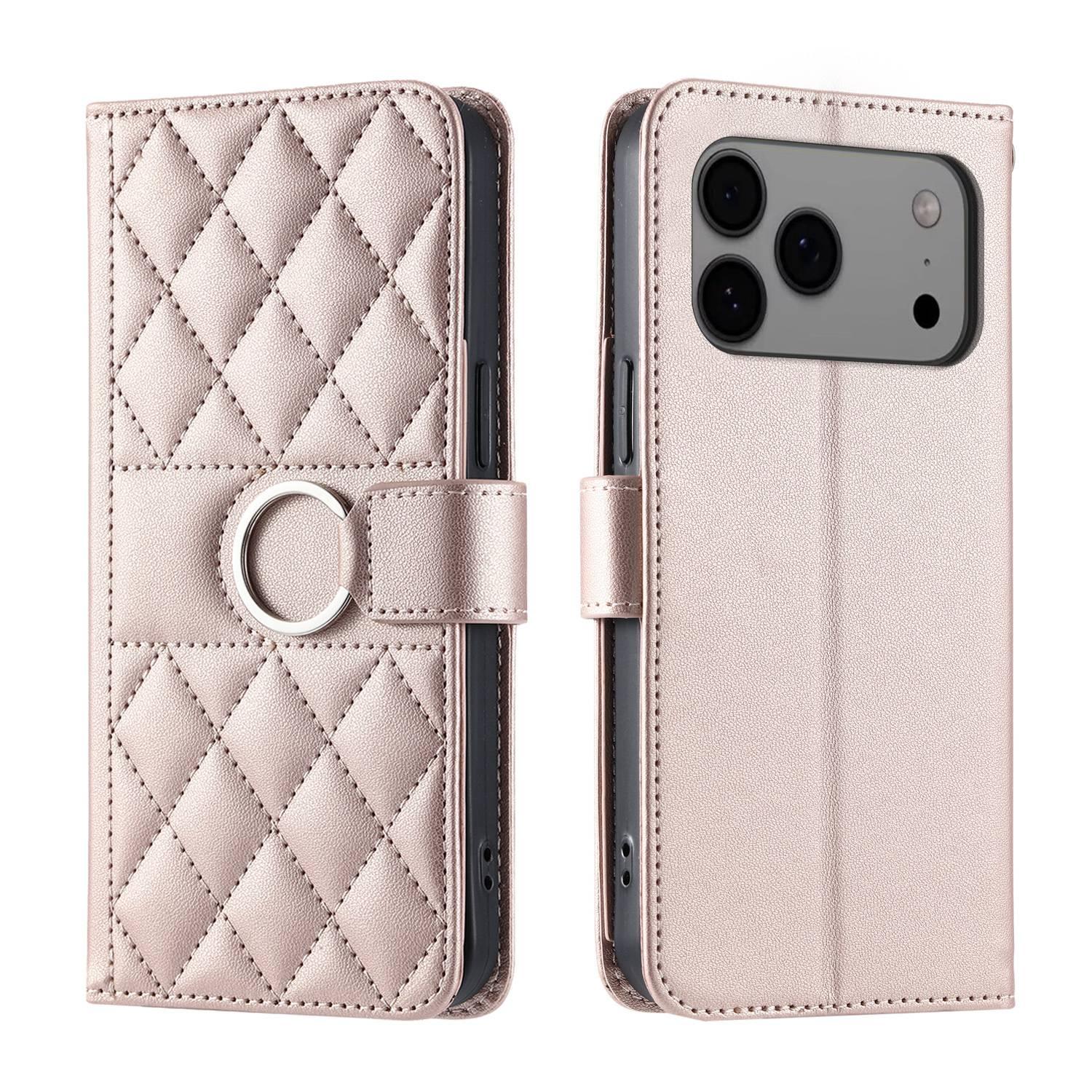 Compatible with iPhone 18 Pro Ring Buckle Rhombic Leather Phone Case - Rose Gold