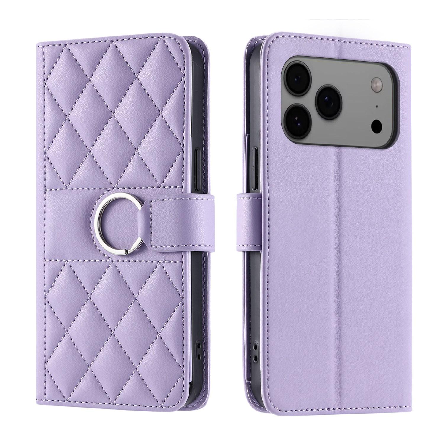 Compatible with iPhone 18 Pro Ring Buckle Rhombic Leather Phone Case - Purple