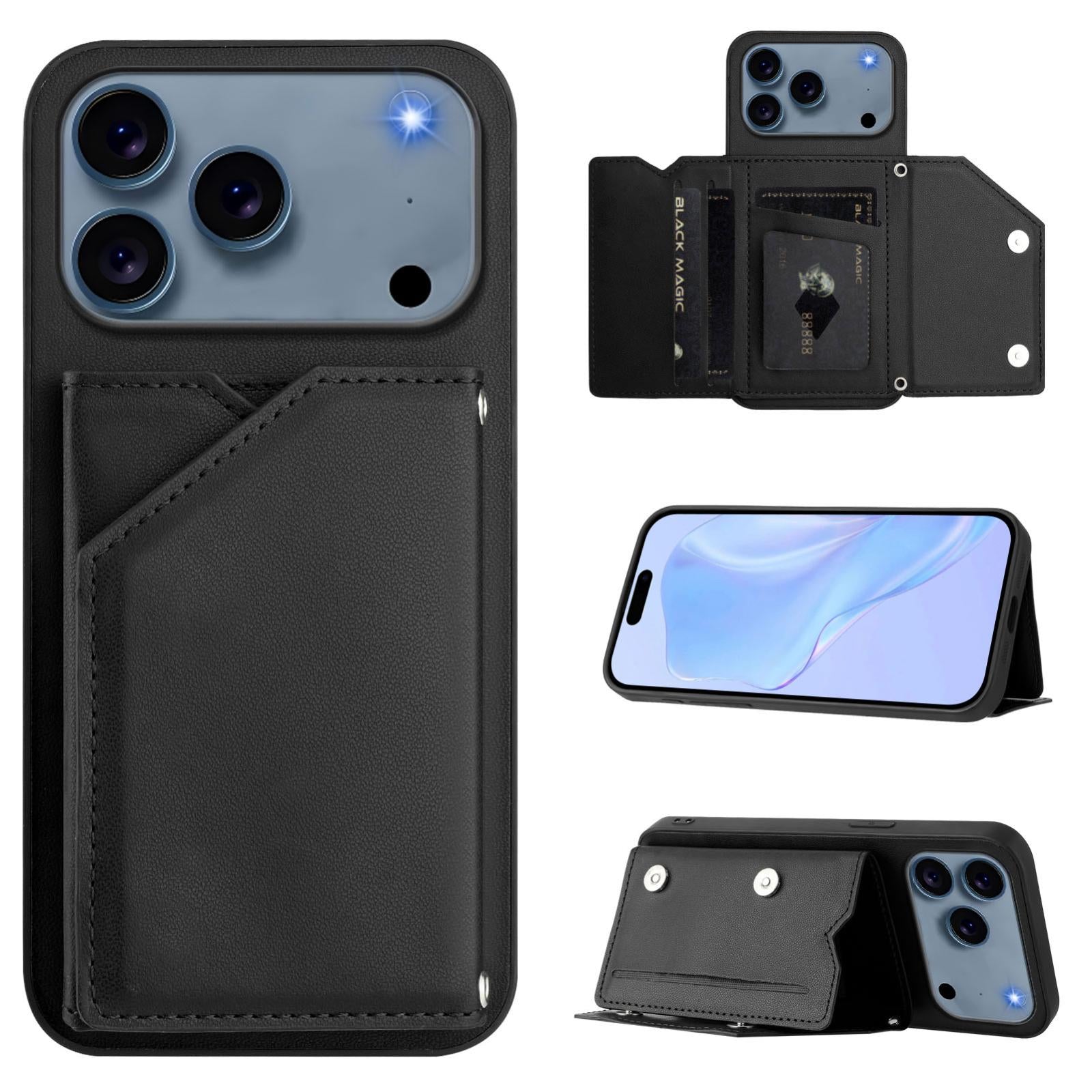 Compatible with iPhone 18 Pro & 17 Pro Skin Feel Four Card Slots Phone Case with Wrist Strap - Black