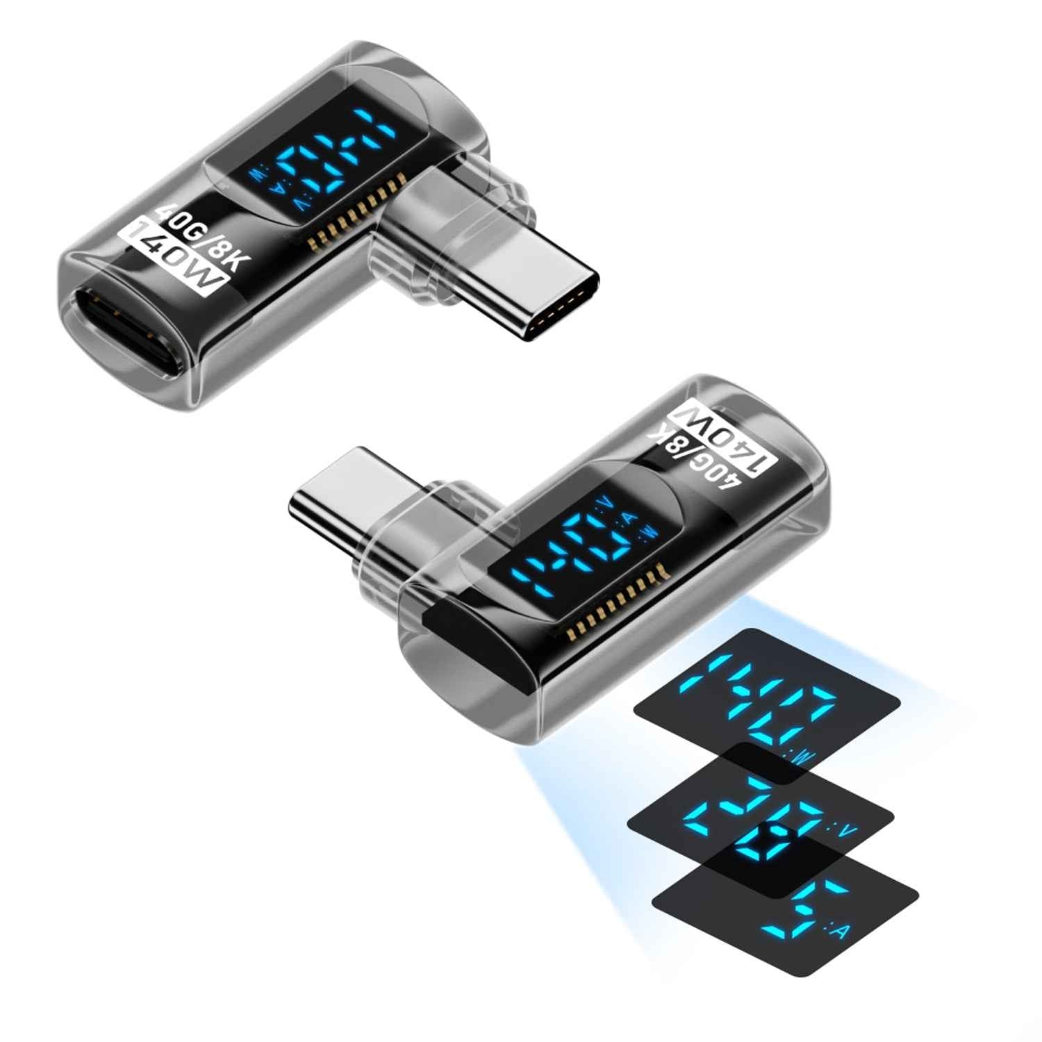 Uniqbuy For Type-C Male to Type-C Female Smart Digital Display Side Bend Charging Adapter(Light Black)