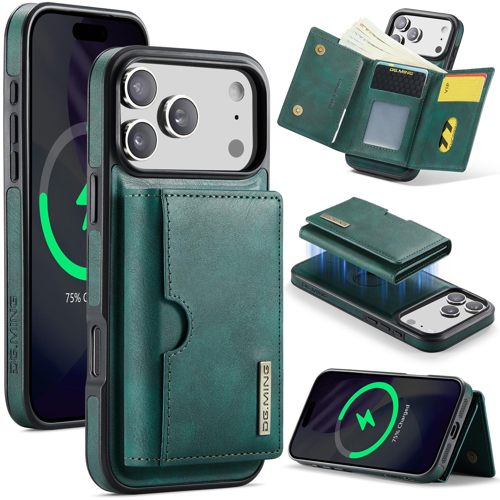 Compatible with iPhone 18 Pro & 17 Pro DG.MING M6 Series RFID Tri-fold Card Bag Removable Leather Phone Case - Green