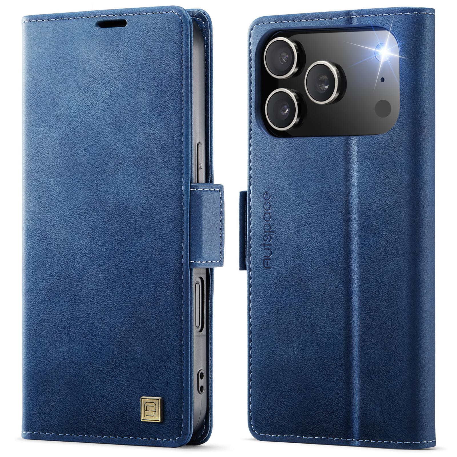 Compatible with iPhone 18 Pro & 17 Pro AutSpace A11 Side Buckle MagSafe Magnetic RFID Phone Leather Case - Blue