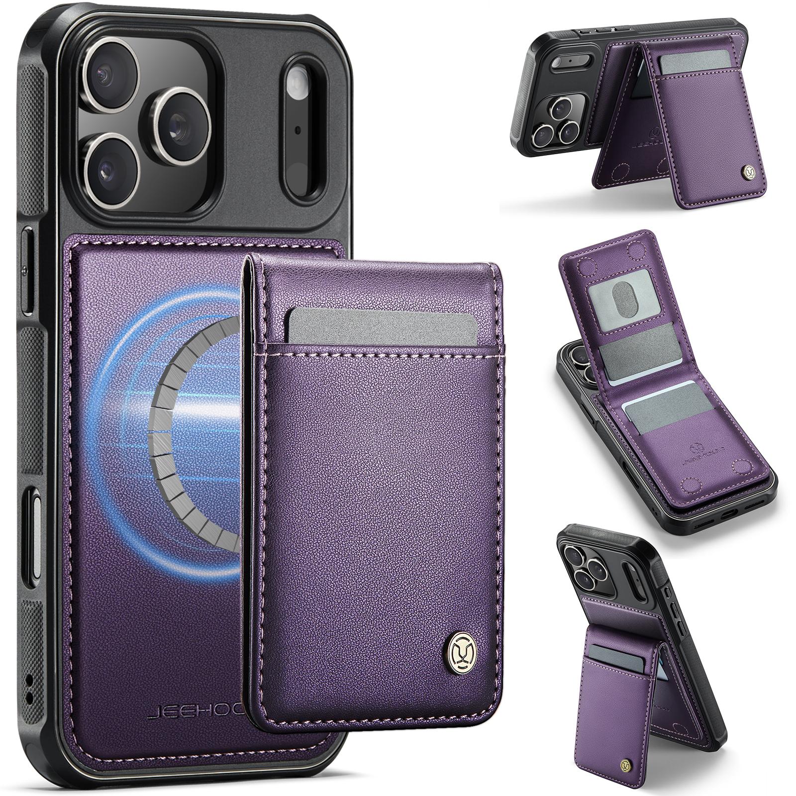 Compatible with iPhone 18 Pro JEEHOOD J06 British Style RFID MagSafe Card Bag PU Phone Case - Purple
