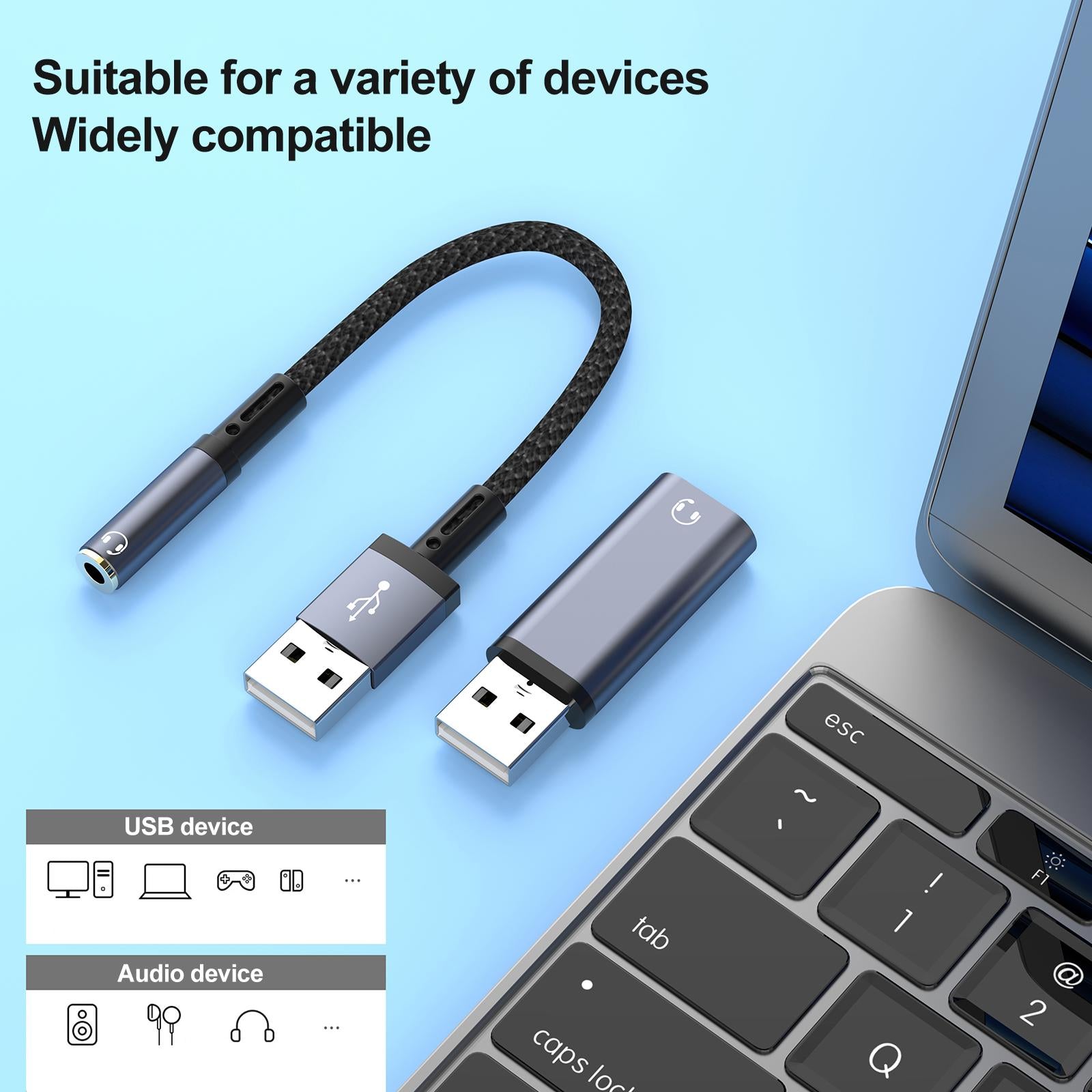 2pcs / Set USB Male to 3.5mm Female Audio Adapter & Cable(Grey)
