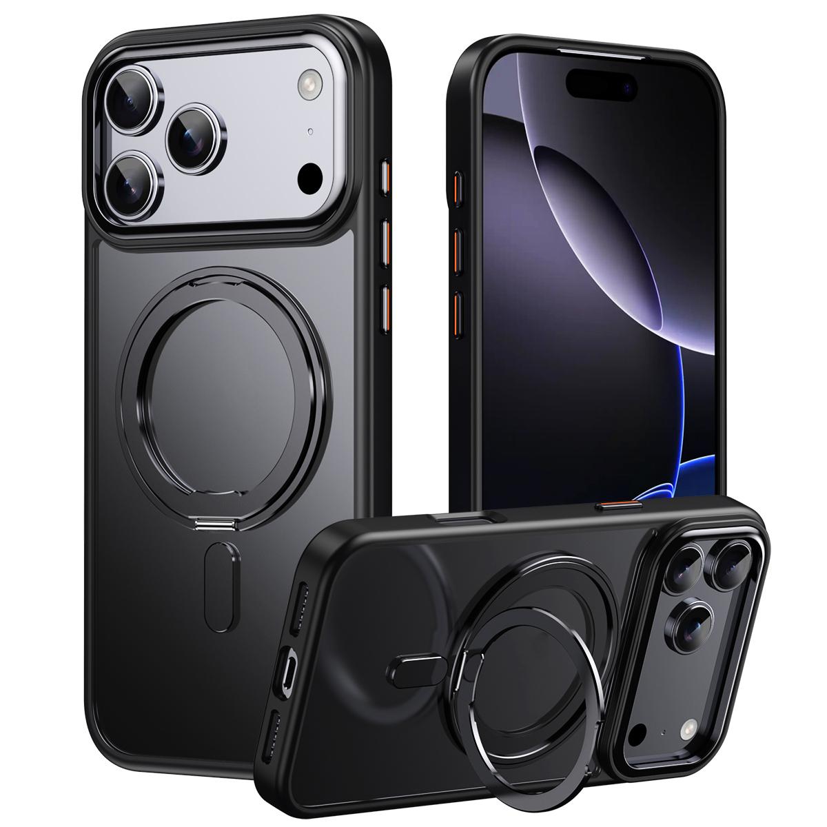 Compatible with iPhone 18 Pro Frosted 360 Degree MagSafe Magnetic Holder Phone Case - Black