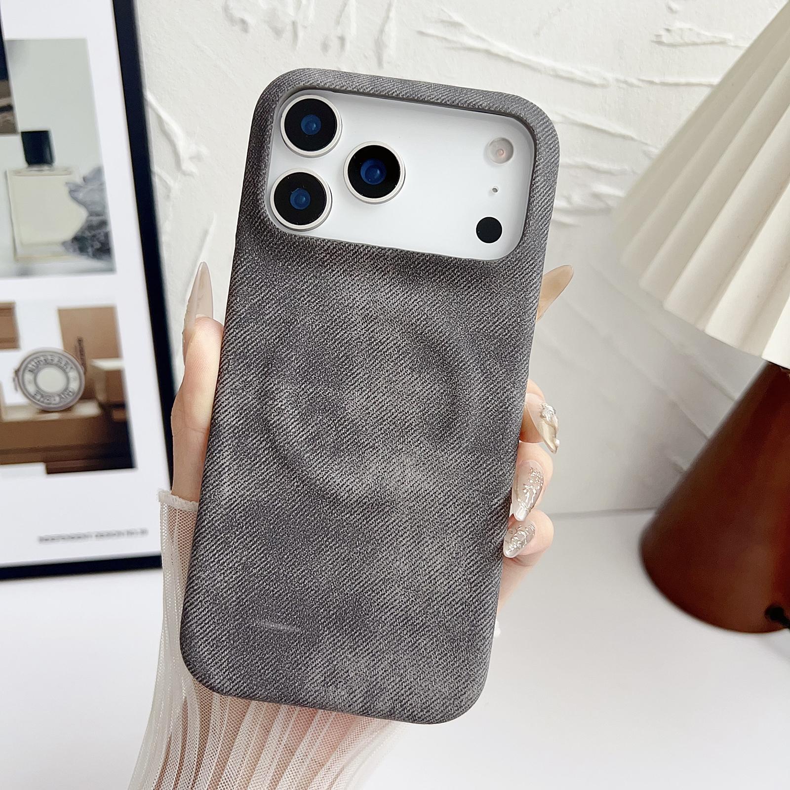 Compatible with iPhone 18 Pro Denim MagSafe Magnetic PC + PU Phone Case - Dark Grey