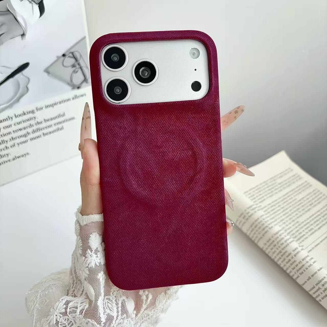 Compatible with iPhone 18 Pro Denim MagSafe Magnetic PC + PU Phone Case - Cherry Red