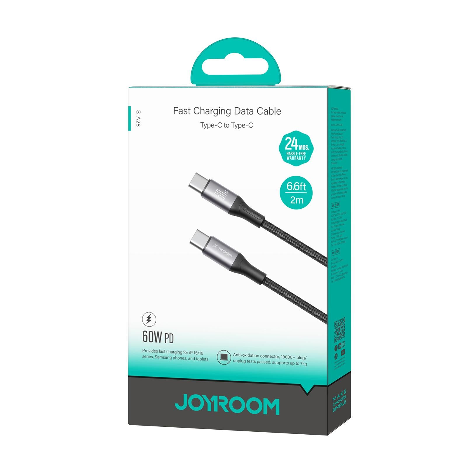JOYROOM S-A28 Flash Series 60W 480Mbps Fast Charging Data Cable, Type-C to Type-C Cable, Length: 2m(Black)