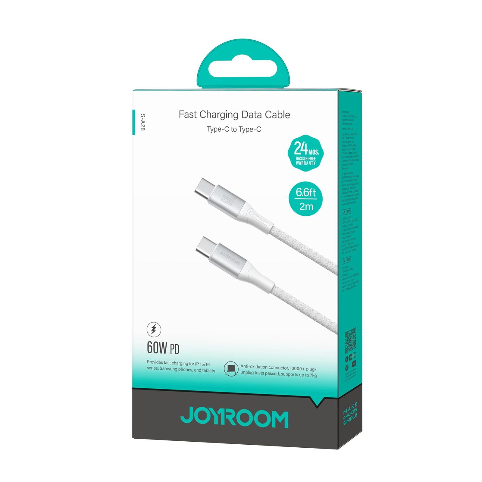 JOYROOM S-A28 Flash Series 60W 480Mbps Fast Charging Data Cable, Type-C to Type-C Cable, Length: 2m(White)