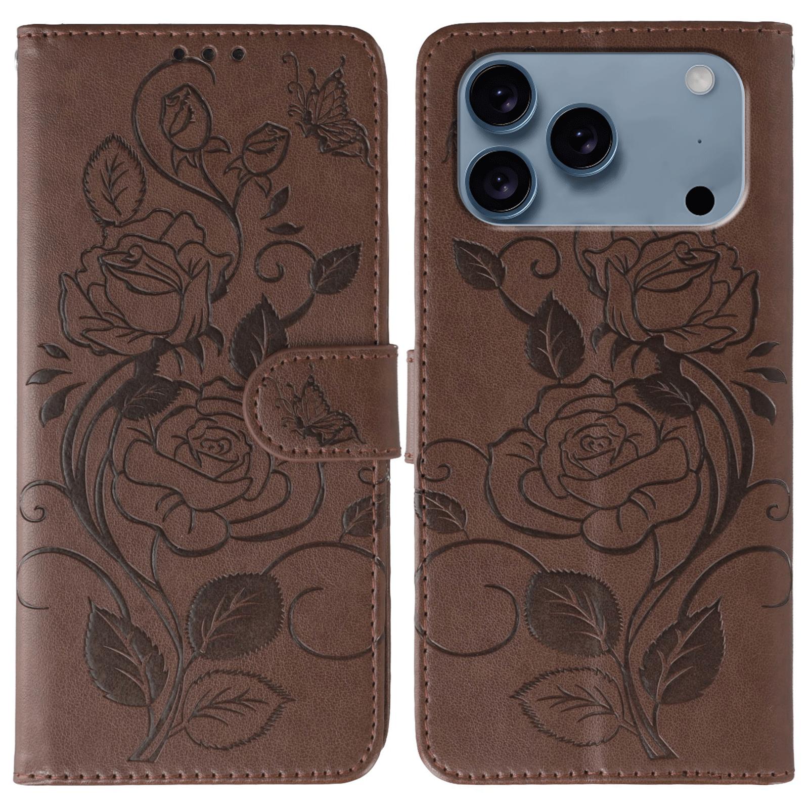 Compatible with iPhone 18 Pro & 17 Pro Rose Butterfly Embossed Leather Phone Case - Brown