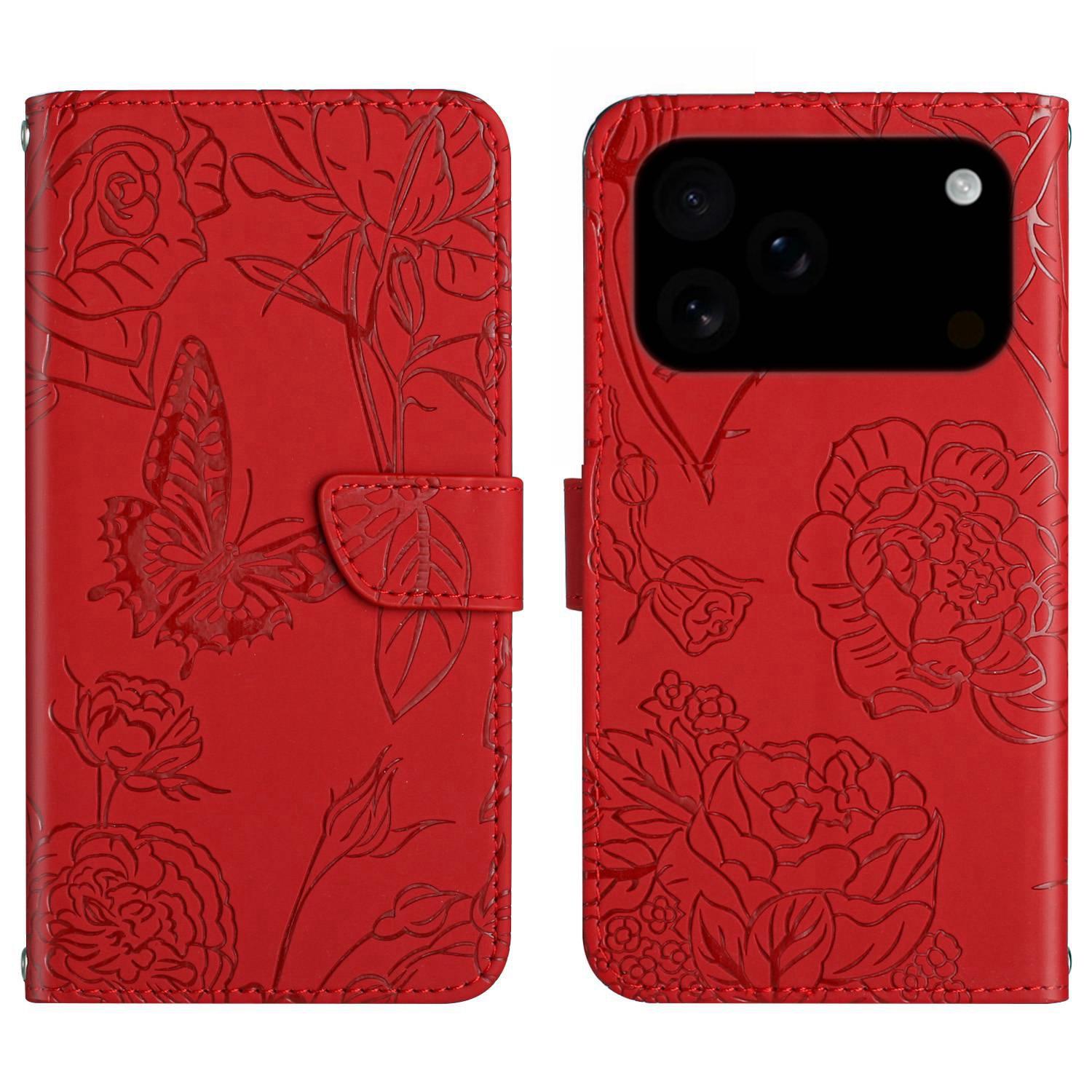 Compatible with iPhone 18 Pro & 17 Pro Skin Feel Butterfly Embossed Flip Leather Phone Case - Red