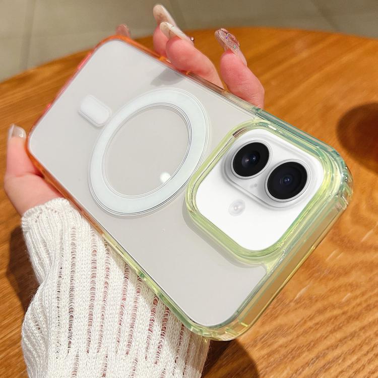 Compatible with iPhone 18 Contrast Color Gradient Transparent MagSafe Phone Case - Fluorescent Green + Light Pink