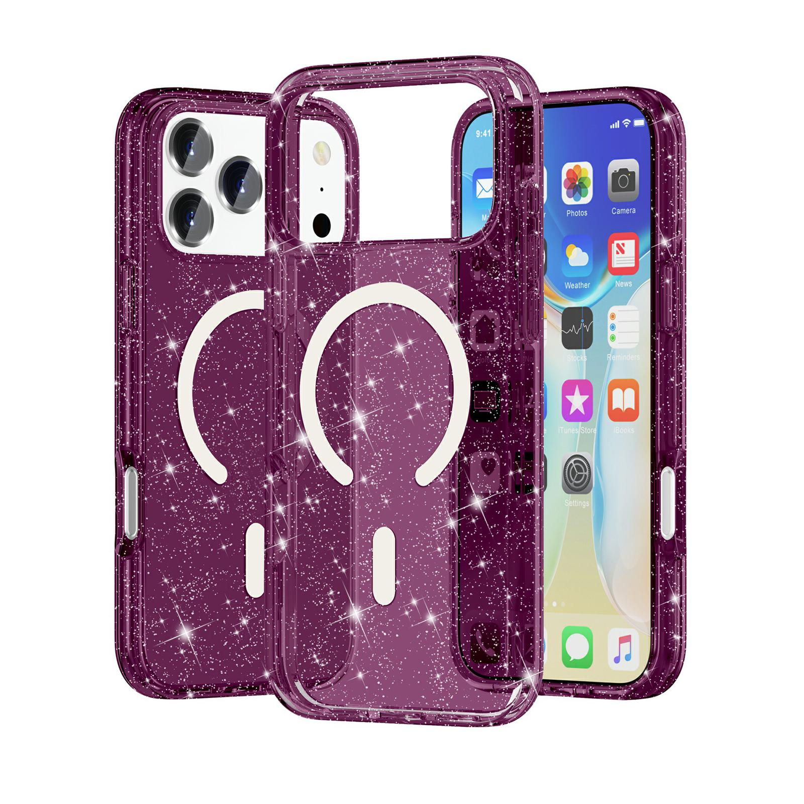 Compatible with iPhone 18 Pro & 17 Pro Terminator Style Glitter Powder MagSafe Magnetic Phone Case - Cherry Red