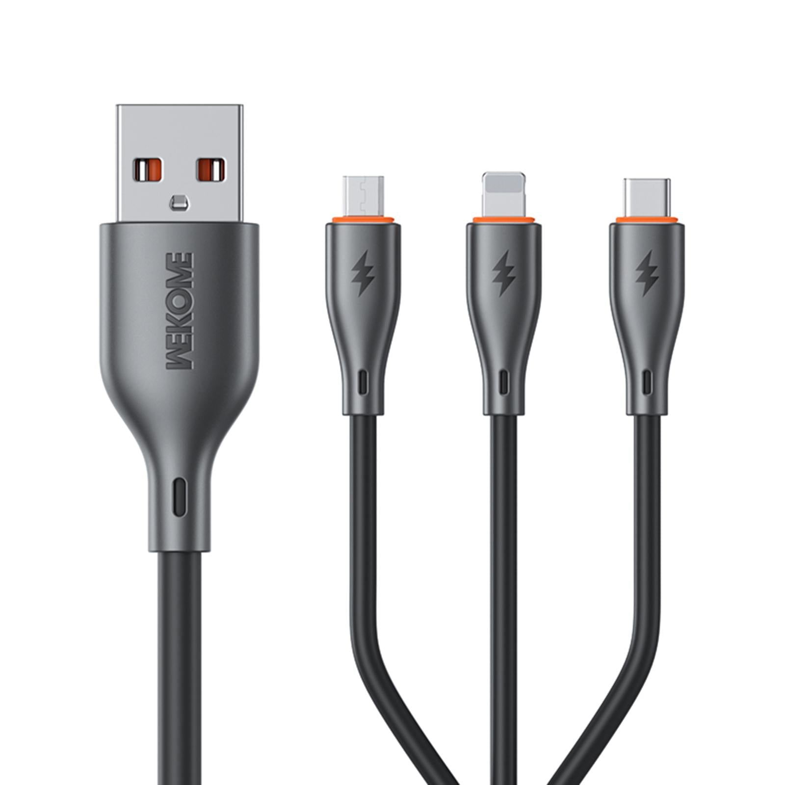 WK WDC-79 3 in 1 Kinkong Flash Series 1.2m 66W PVC Fast Charging Data Cable, Interface:USB to Type-C+8 Pin+Micro(Black)