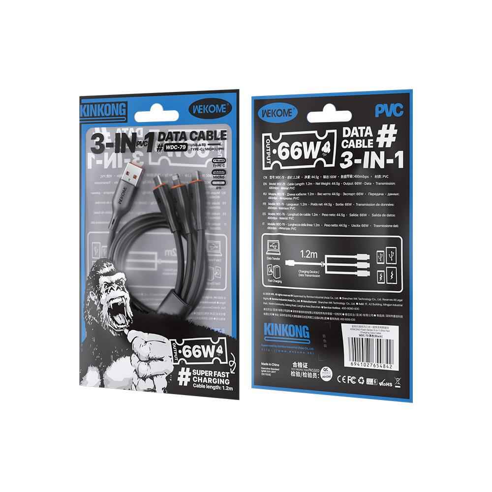 Uniqbuy For WK WDC-79 3 in 1 Kinkong Flash Series 1.2m 66W PVC Fast Charging Data Cable, Interface:USB to Type-C+8 Pin+Micro(Black)